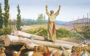 Muinainen profeetta Nooa varoittamassa kansaa tulvasta