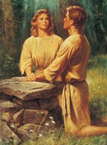 Aadam ja Eeva rukoilemassa alttarin äärellä